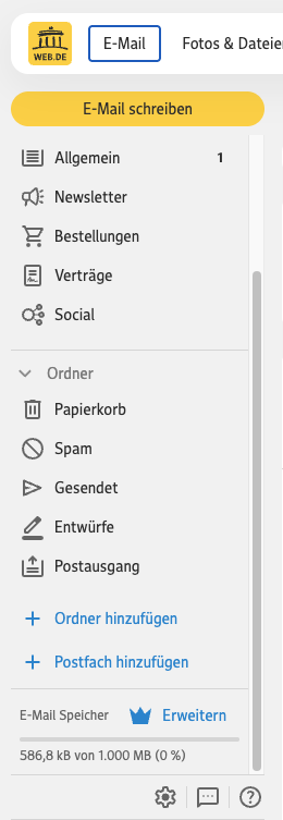 Web.de mailbox with gear icon highlighted