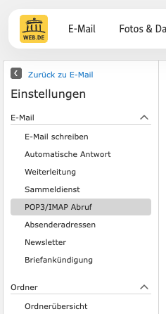 Web.de settings with POP3/IMAP Abruf highlighted