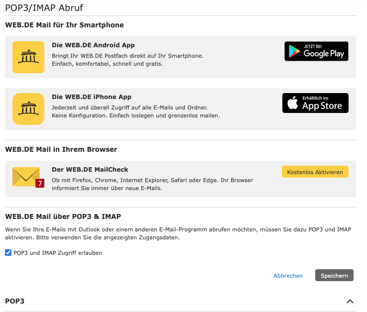 Web.de POP3/IMAP page with checkbox and save button highlighted